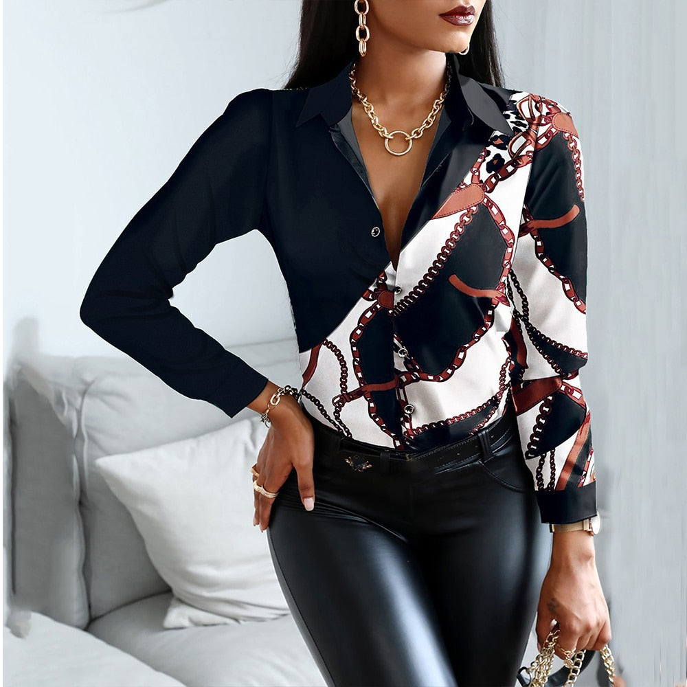 Blouses Woman Casual Office Print Shirts Autumn Fashion Button Long Sleeve White Shirt Elegant Patchwork Slim Tops Women 2022