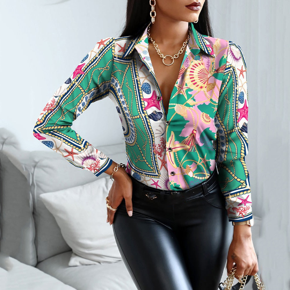 Blouses Woman Casual Office Print Shirts Autumn Fashion Button Long Sleeve White Shirt Elegant Patchwork Slim Tops Women 2022