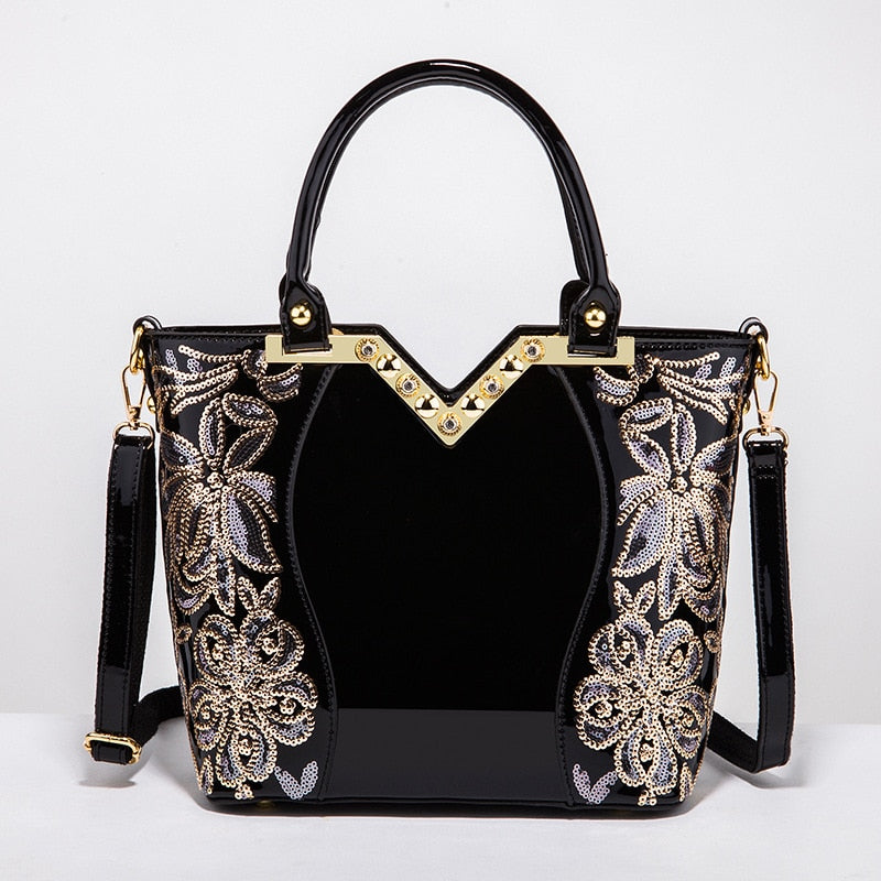 AMELISH Luxury Bag for Women 2022 High Quality Patent Leather Flower Embroidery Diamond Tote Handbag Fashion Female Shoulder Bag