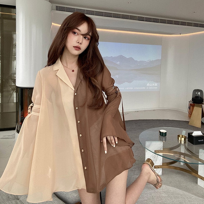 Feiernan Chiffon Cardigan Vintage Shirt Oversize Spliced Blouse Women Korean Fashion Summer 2022 Flare Sleeve Patchwork Tops