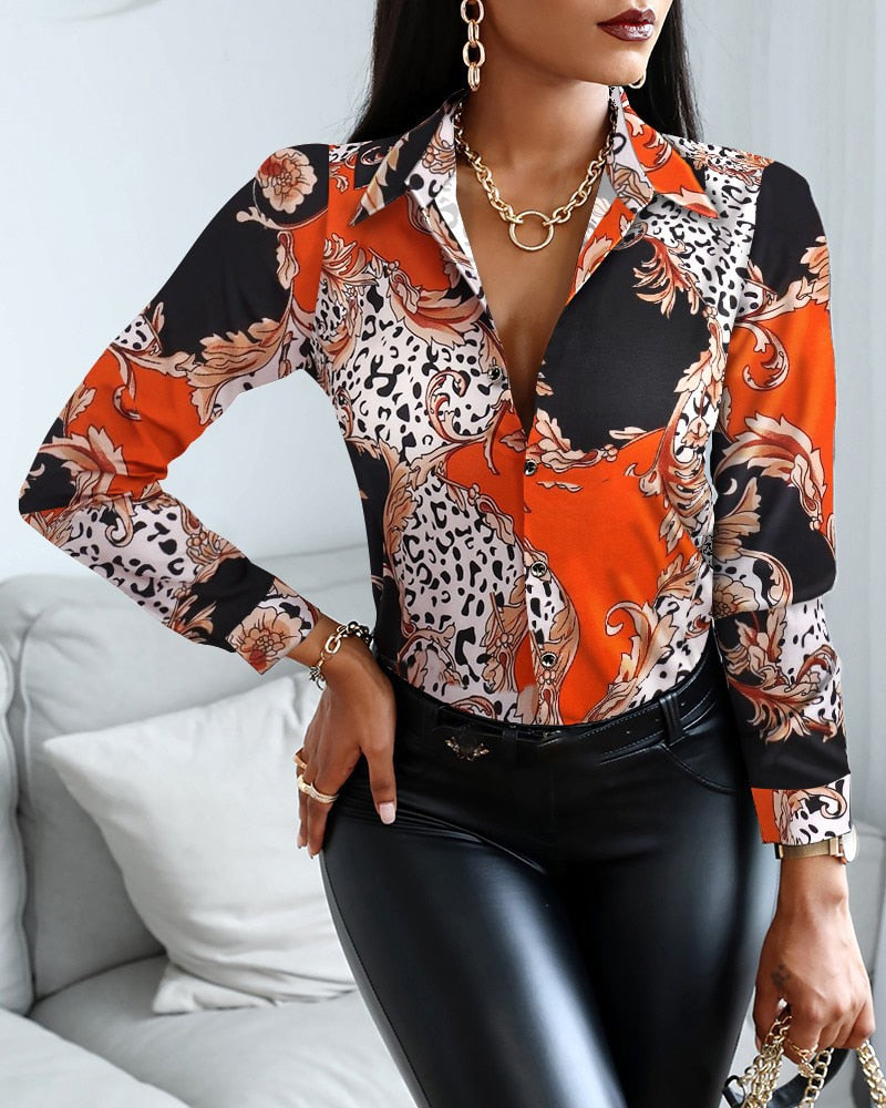 Blouses Woman Casual Office Print Shirts Autumn Fashion Button Long Sleeve White Shirt Elegant Patchwork Slim Tops Women 2022