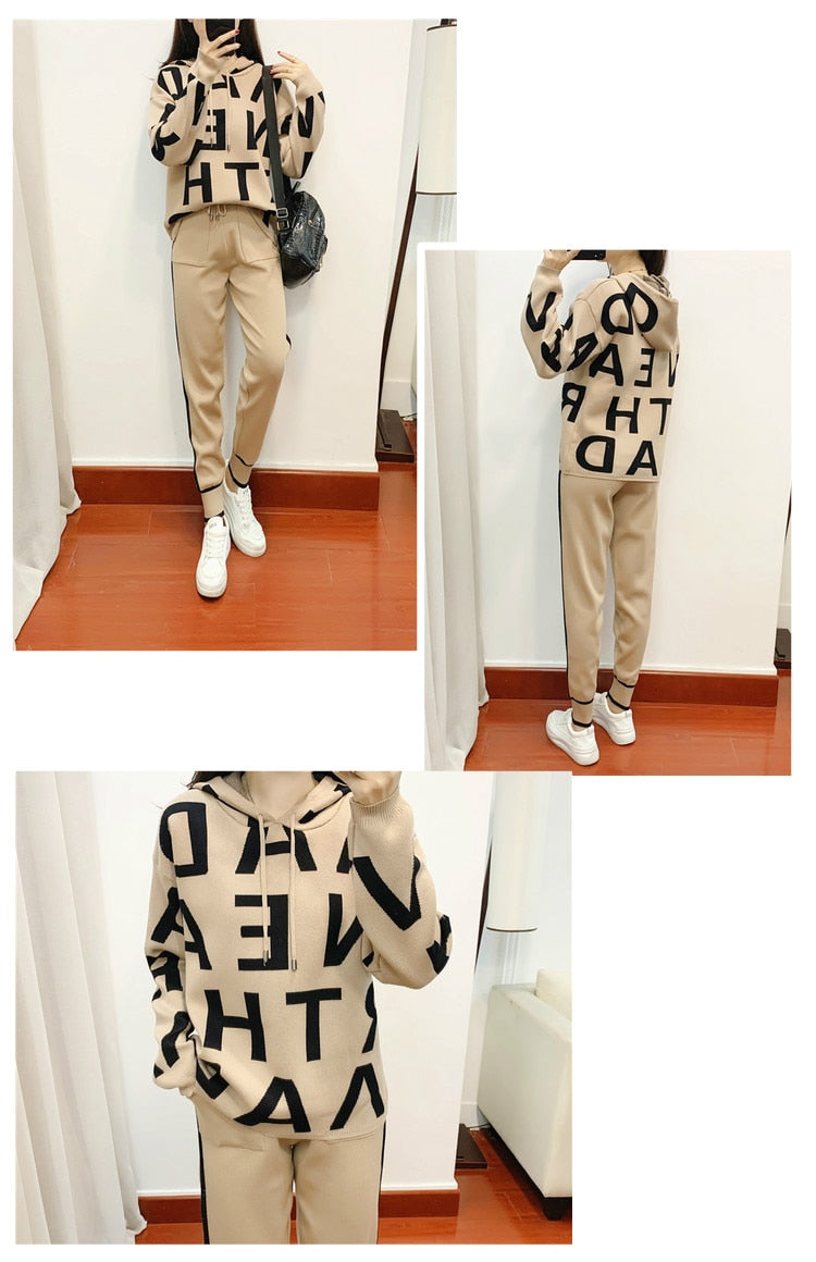 Fashion Autumn Women 2 Pieces Sets Casual Letter Print Patchwork Loose Knitted Sweater Sports Harlan Pants Suits Spring