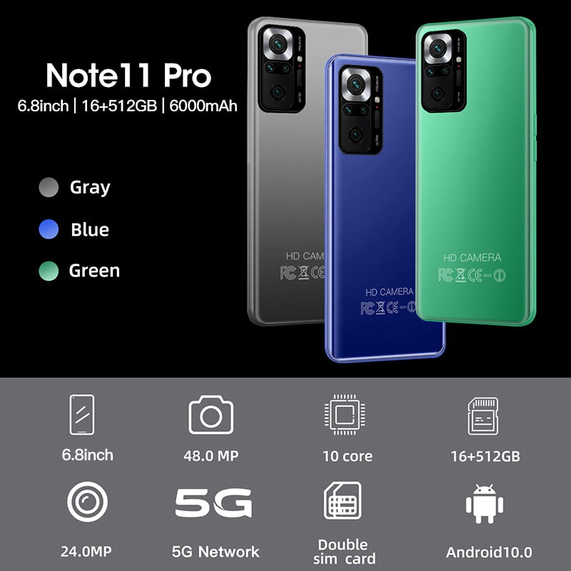 2022 Note 11 Pro Global Version 6.8 inch Smartphone 16+512GB Cellphone 48MP Mobile Phones 5G Network Unlocked Smartphone Celular