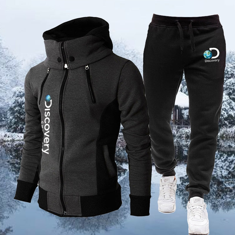 Discovery Channel Men's Zipper Hoodies Male Sweatshirt+Sweatpants Suit 2Pcs Warm Tracksuit Sets Men's Luxury Hoodies Outwear