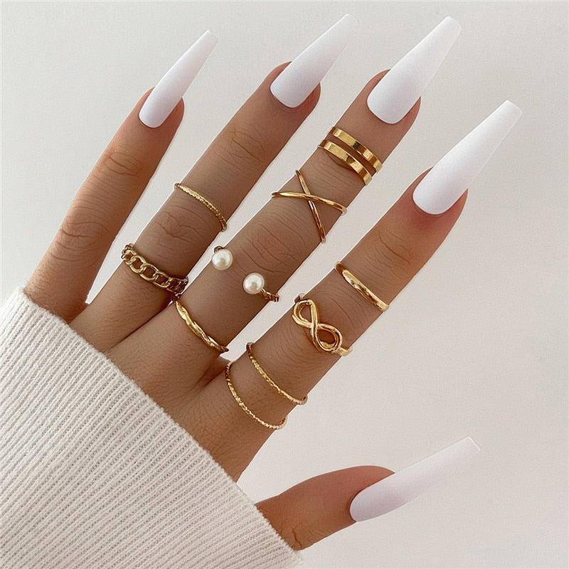 KOTiK Trendy Bohemian Midi Knuckle Ring Set For Women Gold Color Crystal Heart Flower Moon Geometric Finger Rings Jewelry Gifts