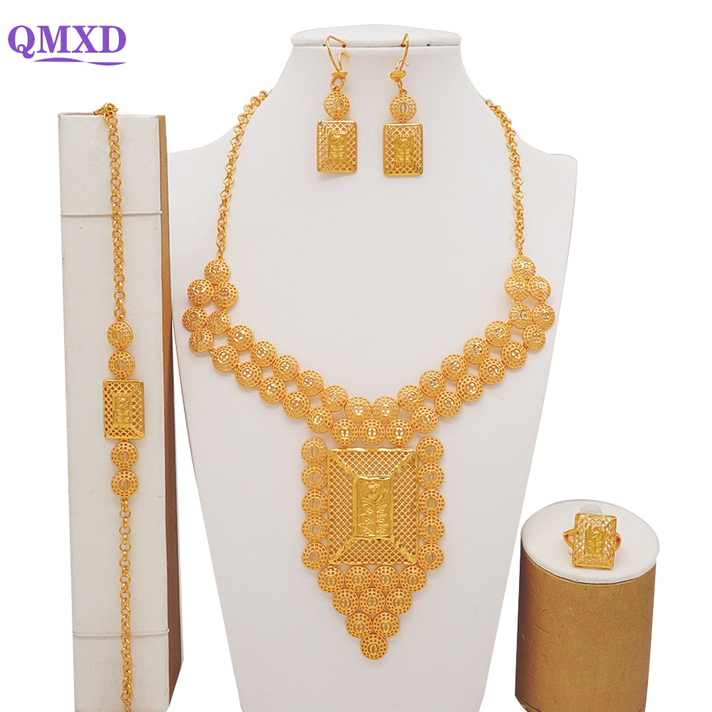 Luxury Dubai Gold Color Jewelry Sets African Bridal Wedding Flower Jewelry Sets Necklace Bracelet Earrings Ring Set Lady Gift