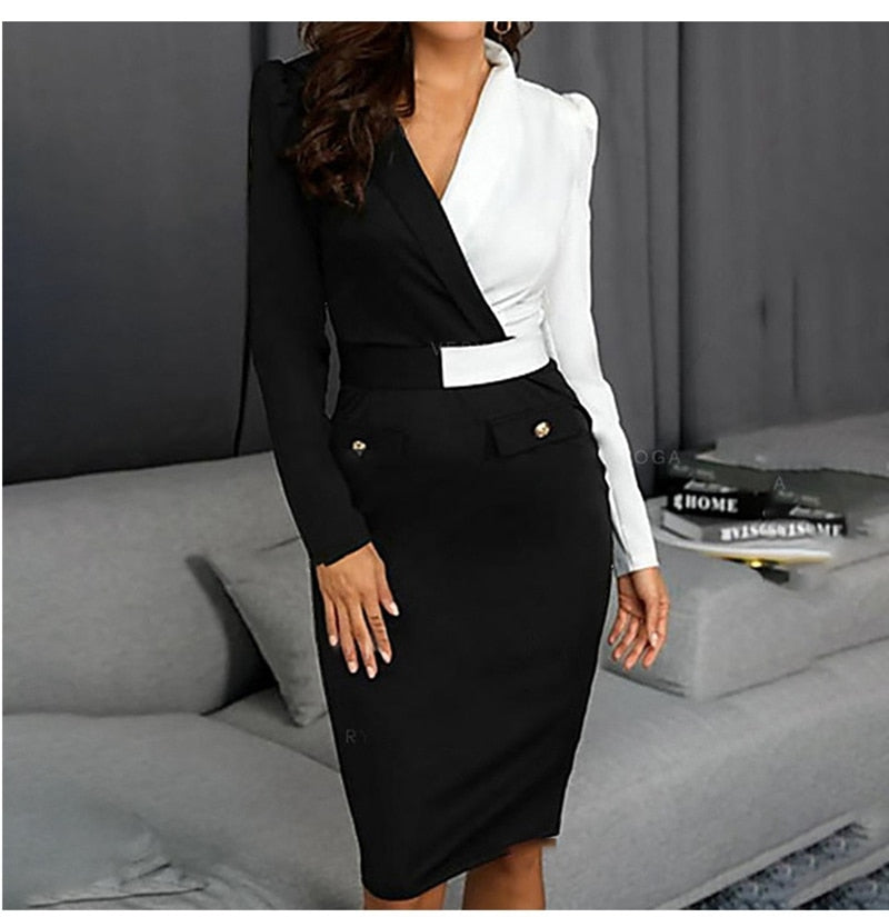 Women Elegant Long Sleeve Black and White Patchwork Casual Party Work Office Stretch Slim Pencil Sheath Bodycon Dresses Women