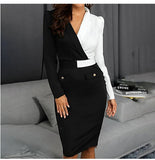 Women Elegant Long Sleeve Black and White Patchwork Casual Party Work Office Stretch Slim Pencil Sheath Bodycon Dresses Women