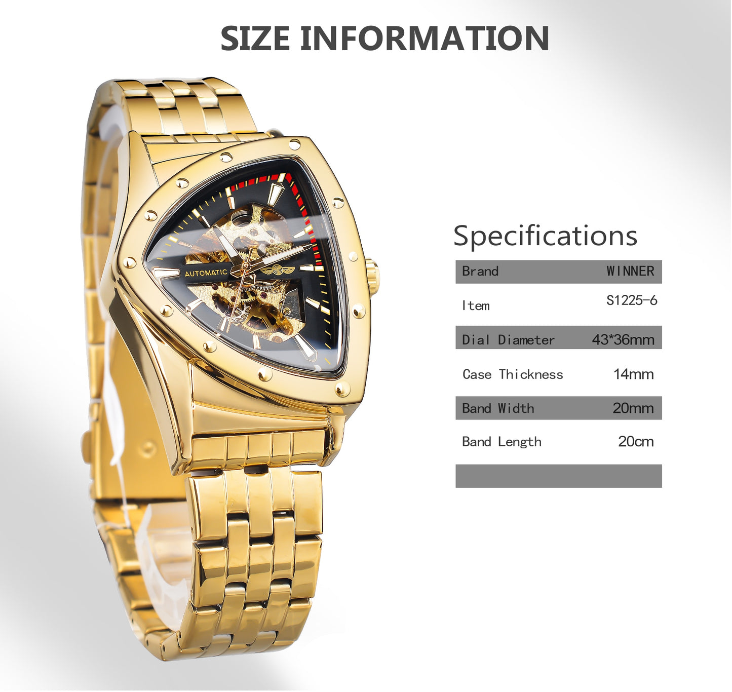 Winner Golden Stainless Steel Watch Steampunk Swiss Design Mens Triangle Skeleton Transparent Automatic Mechanical Male Watches