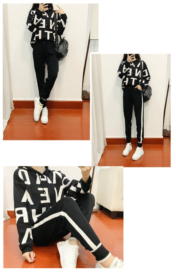 Fashion Autumn Women 2 Pieces Sets Casual Letter Print Patchwork Loose Knitted Sweater Sports Harlan Pants Suits Spring