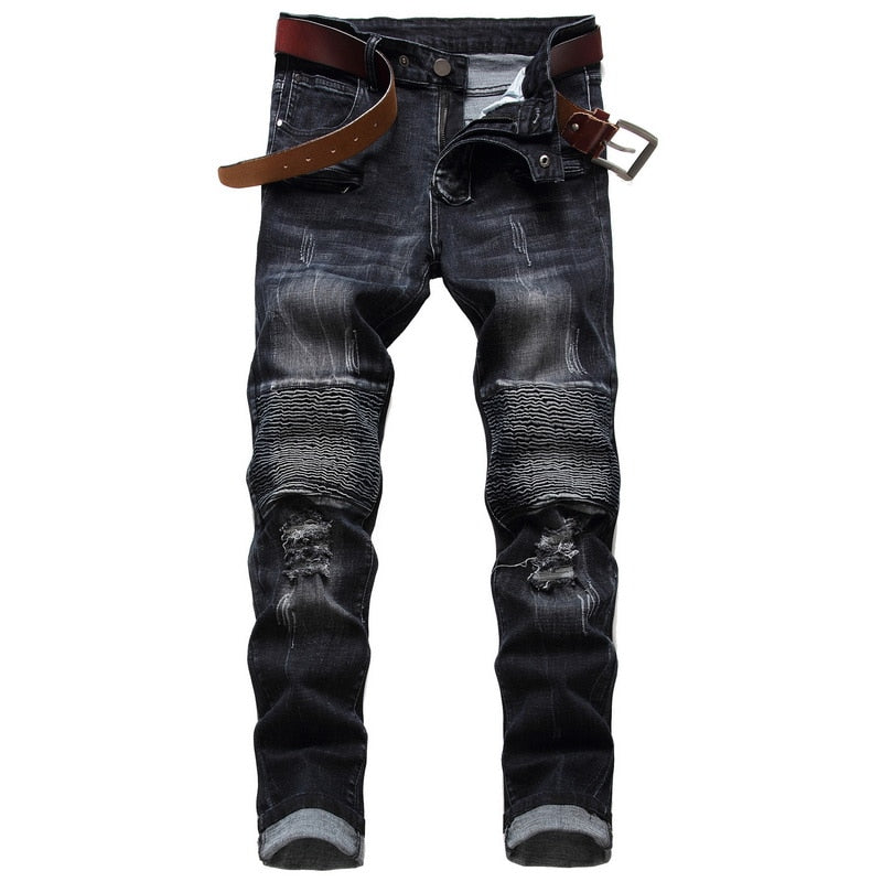 Trade Classic Retro Jeans Men Straight Slim Zipper Decoration Light Fold Skinny Denim Pants Fashion Stretch Hip Hop Jogger Jeans