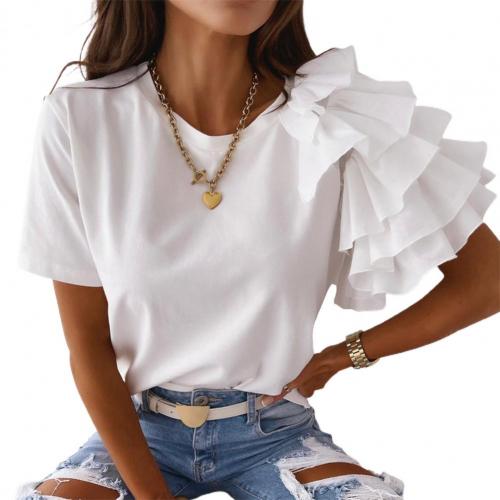 Fashion blouse women elegant white Solid Color Layered Ruffle Short Sleeve Asymmetric Loose T-shirt Top for Summer Women Blouses