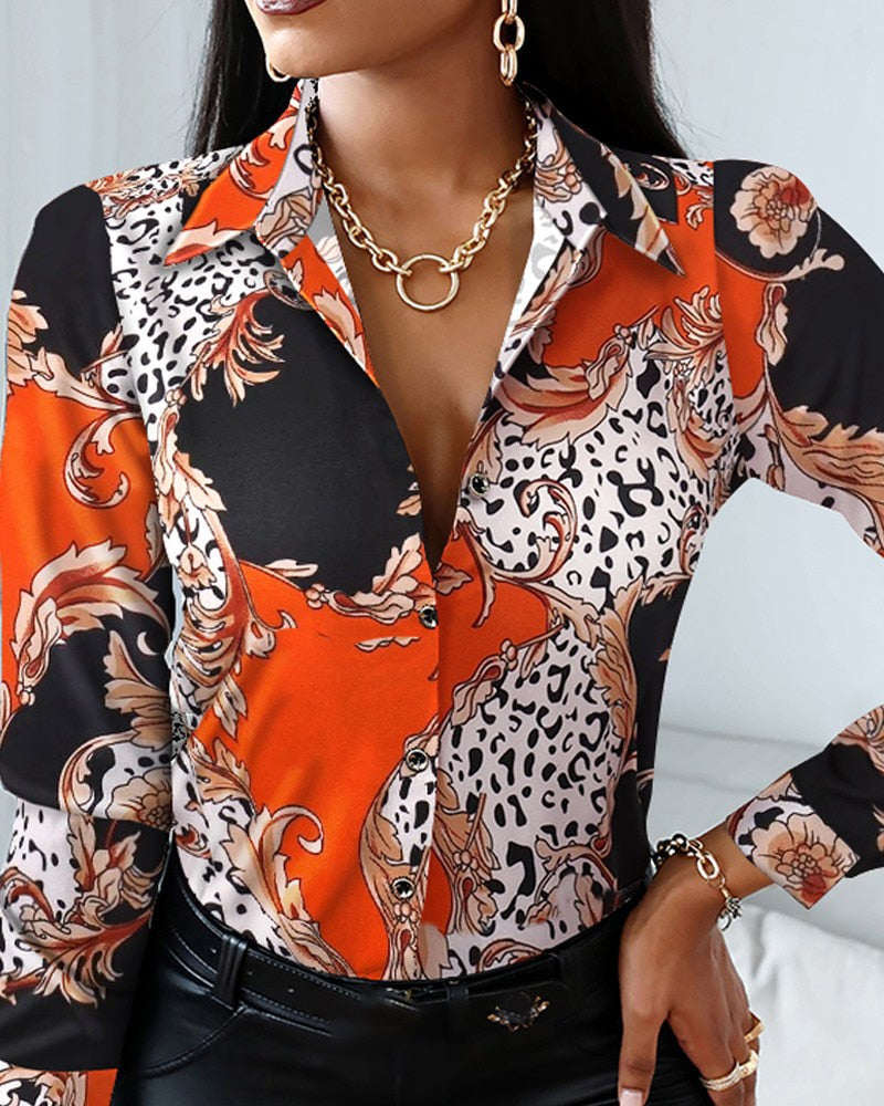 Blouses Woman Casual Office Print Shirts Autumn Fashion Button Long Sleeve White Shirt Elegant Patchwork Slim Tops Women 2022