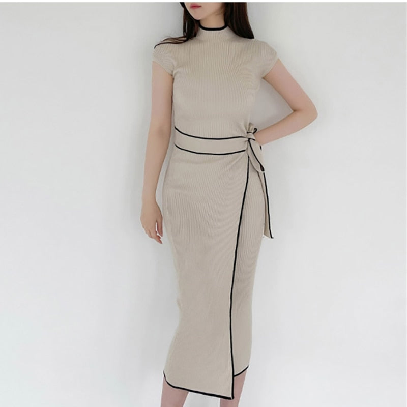 Woman Dress With Belt Vintage Patchwork Slim Knitted Midi Dresses Women Autumn Winter Elegant Sweater Knit Dress 2021 Vestidos