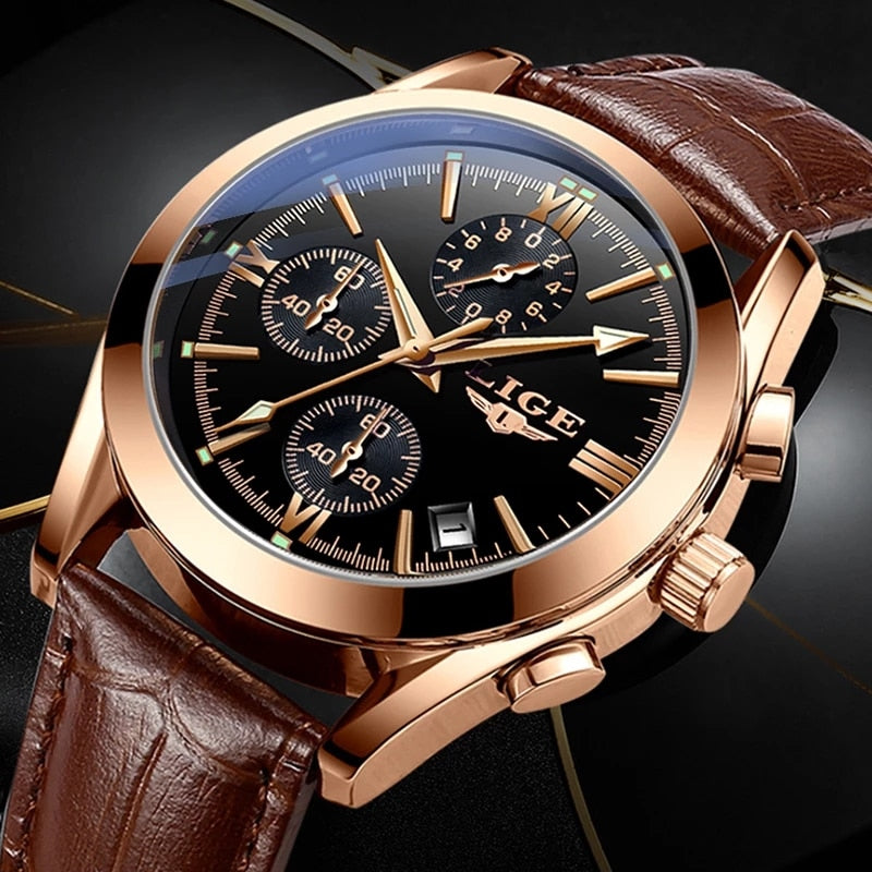 2022 LIGE New Fashion Mens Watches Top Brand Luxury Military Quartz Watch Premium Leather Waterproof Sport Chronograph Watch Men