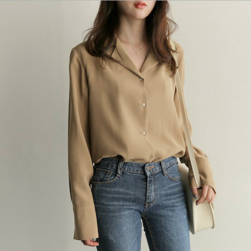 Womens Tops And Blouses Solid White Chiffon Blouse Office Shirt Blusas Mujer De Moda 2021 Long Sleeve Women Shirts Clothes