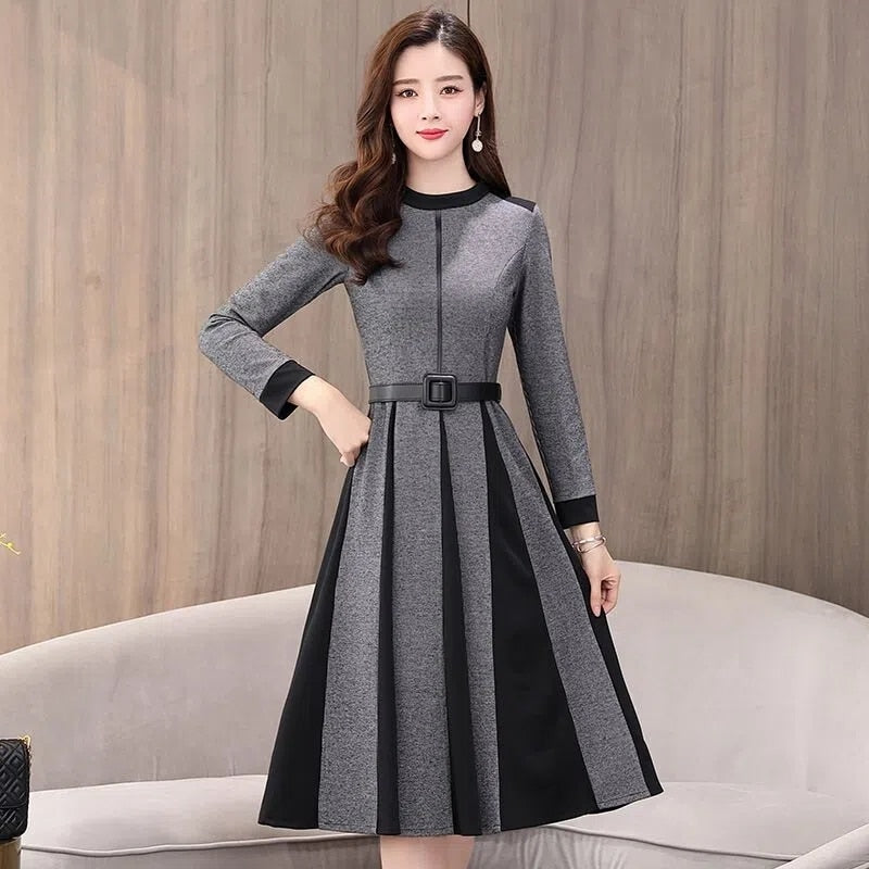 Casual Little Plaid Spliced Hem Pleated A-Line Dresses Women Fall Vintage Belted Long Sleeve Dress Elegant Knee-Length Vestidos