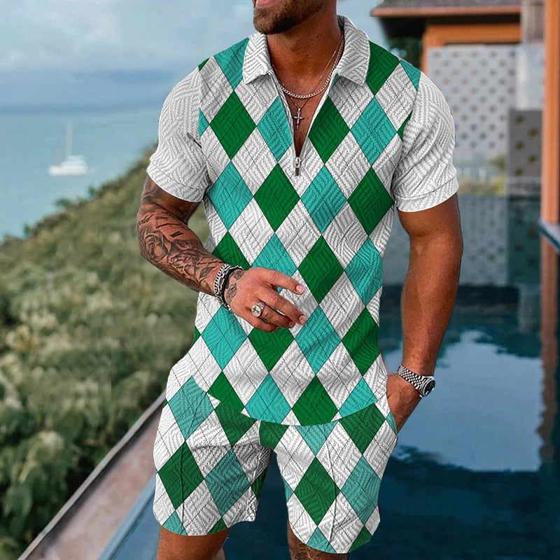 2022 Summer Men's Sportswear Suit Plaid printed short sleeve Zipper Polo Shirt Suit Vacation suit 2 pieces