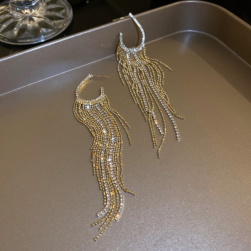 Fashion Statement Earring Long Full Rhinestone Big Earrings For Women Euorpe Evening Party Crystal Tassel Earings Wholesale