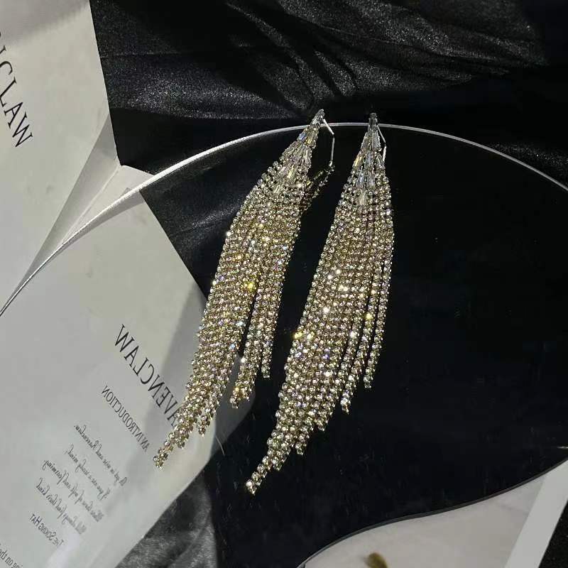 Europe And America New Exaggerated Full Rhinestone Tassel Earrings For Women Party Wedding Statement Jewelry Long Earings Gifts