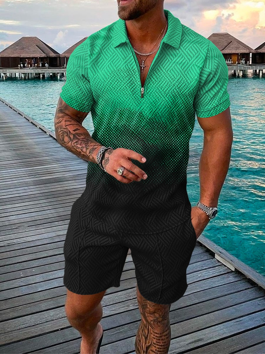 Men's Suit 3D Color Stitching Print Summer Short Sleeve Polo Shirt Shorts Suit Fashion Zipper Polo Shirt Two Piece Set New