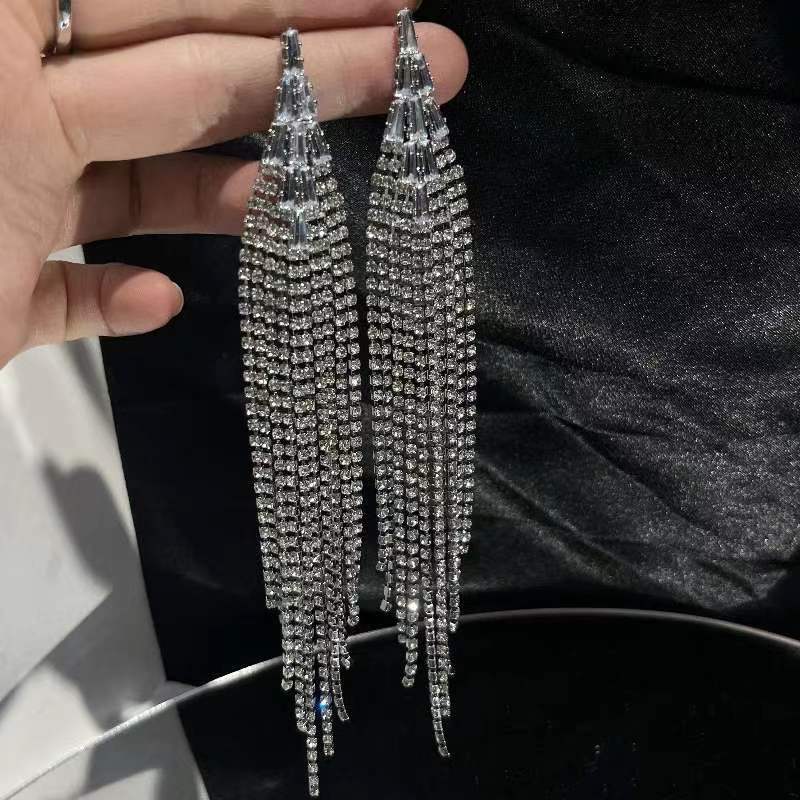 Europe And America New Exaggerated Full Rhinestone Tassel Earrings For Women Party Wedding Statement Jewelry Long Earings Gifts