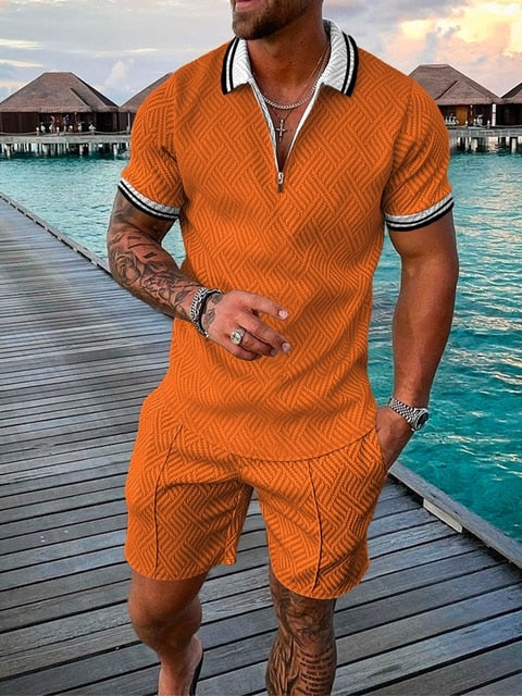 2022 Summer Men's Sportswear Suit Plaid printed short sleeve Zipper Polo Shirt Suit Vacation suit 2 pieces