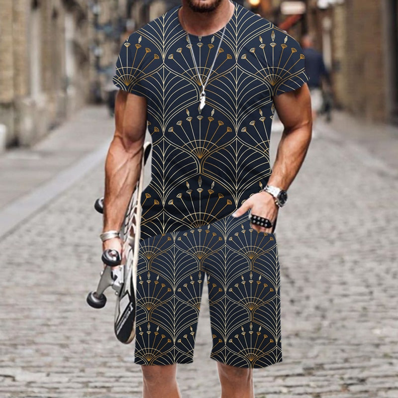 3D abstract geometry Printed T Shirts 2 Piece Oversized Mens Clothing Summer Sports Track Suit Breathable Tshirt Short Set Short