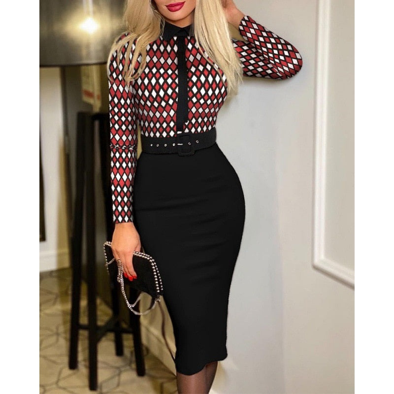 Popular Fashion Women's Print Dress Women With Belt