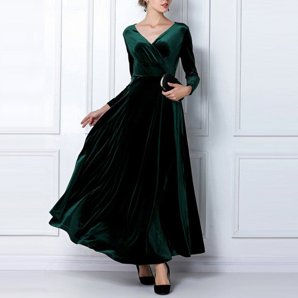 Autumn Winter Long Sleeve V Neck Pleated Banquet Party Maxi Dress Women's Elegant Vintage Sheath Bodycon Pencil Velvet Dress