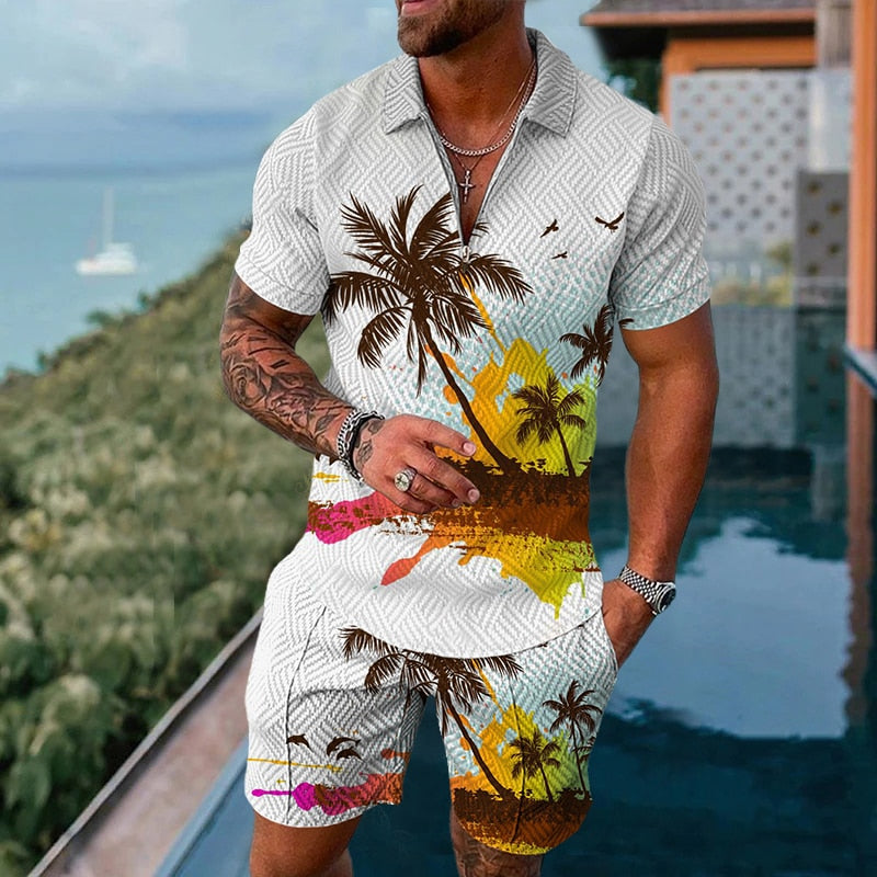 2022 Summer Men's Sportswear Suit Plaid printed short sleeve Zipper Polo Shirt Suit Vacation suit 2 pieces