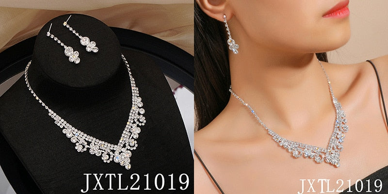 Bride Wedding Dress Necklace Earring Set Simple Full Diamond Super Flash Rhinestone Necklace Jewelry Advanced Accessories