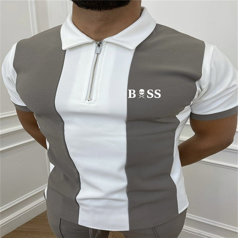 2023 New Trend Men's Fashion Lapel Shirt short sleeves Men's Stitching Casual Sport T-shirt Tops US Size