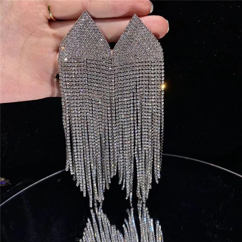 Europe And America New Exaggerated Full Rhinestone Tassel Earrings For Women Party Wedding Statement Jewelry Long Earings Gifts