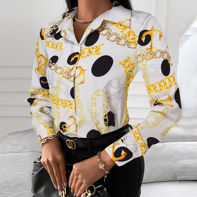 Blouses Woman Casual Office Print Shirts Autumn Fashion Button Long Sleeve White Shirt Elegant Patchwork Slim Tops Women 2022