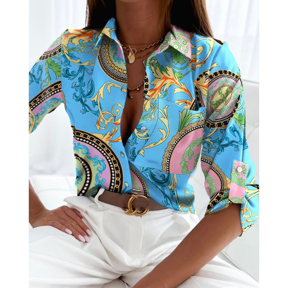 Blouses Woman Casual Office Print Shirts Autumn Fashion Button Long Sleeve White Shirt Elegant Patchwork Slim Tops Women 2022