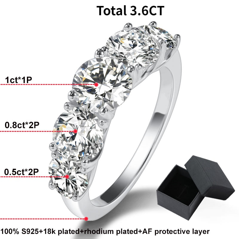 Smyoue 18k Plated 3.6CT All Moissanite Rings for Women 5 Stones Sparkling Diamond Wedding Band S925 Sterling Silver Jewelry