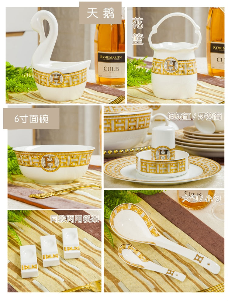 Free combination of high-end bone china single bowl dish Jingdezhen European luxury gilt edged tableware set