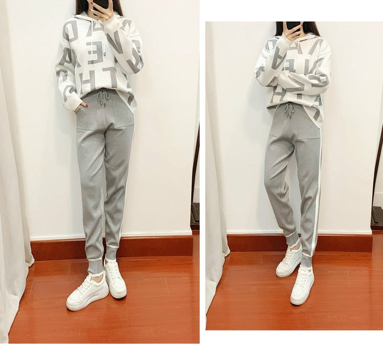 Fashion Autumn Women 2 Pieces Sets Casual Letter Print Patchwork Loose Knitted Sweater Sports Harlan Pants Suits Spring