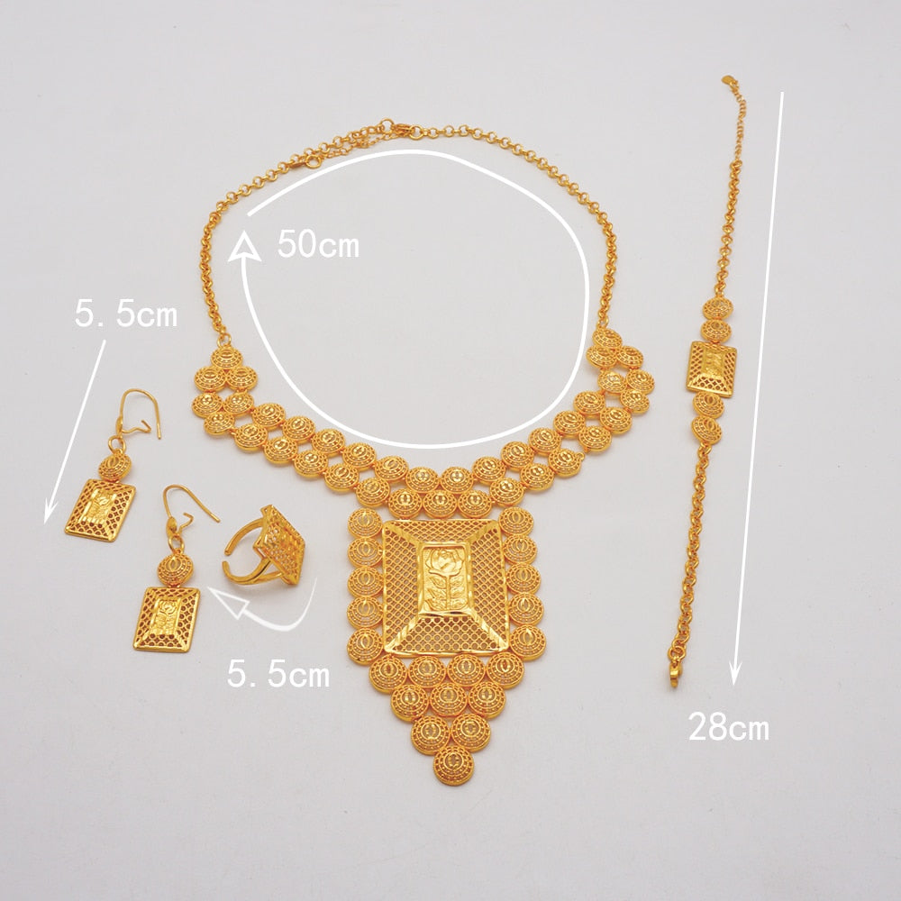 Luxury Dubai Gold Color Jewelry Sets African Bridal Wedding Flower Jewelry Sets Necklace Bracelet Earrings Ring Set Lady Gift