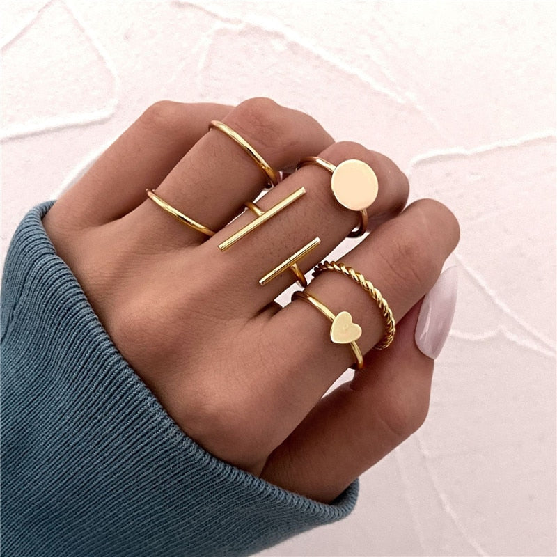 KOTiK Trendy Bohemian Midi Knuckle Ring Set For Women Gold Color Crystal Heart Flower Moon Geometric Finger Rings Jewelry Gifts