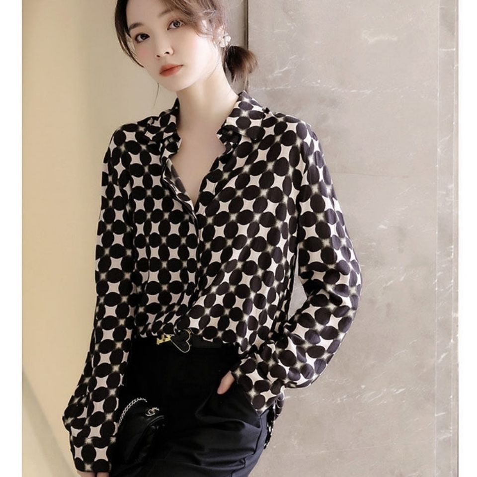 Office Lady Elegant Geometric Print Button Chiffon Shirt Spring Autumn 2022 Polo-Neck Long Sleeve Loose Blouse Women's Clothing