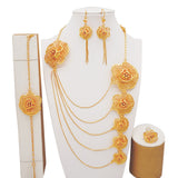 Luxury Dubai Gold Color Jewelry Sets African Bridal Wedding Flower Jewelry Sets Necklace Bracelet Earrings Ring Set Lady Gift