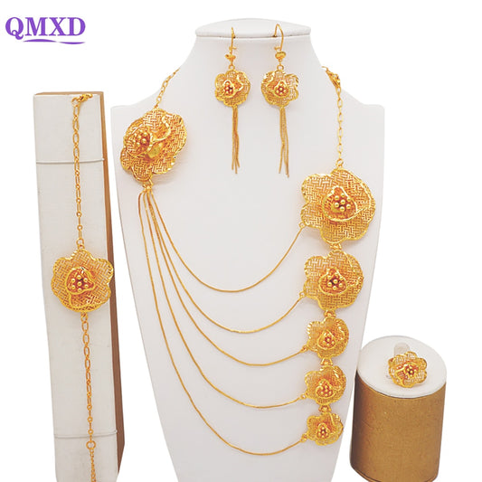 Luxury Dubai Gold Color Jewelry Sets African Bridal Wedding Flower Jewelry Sets Necklace Bracelet Earrings Ring Set Lady Gift