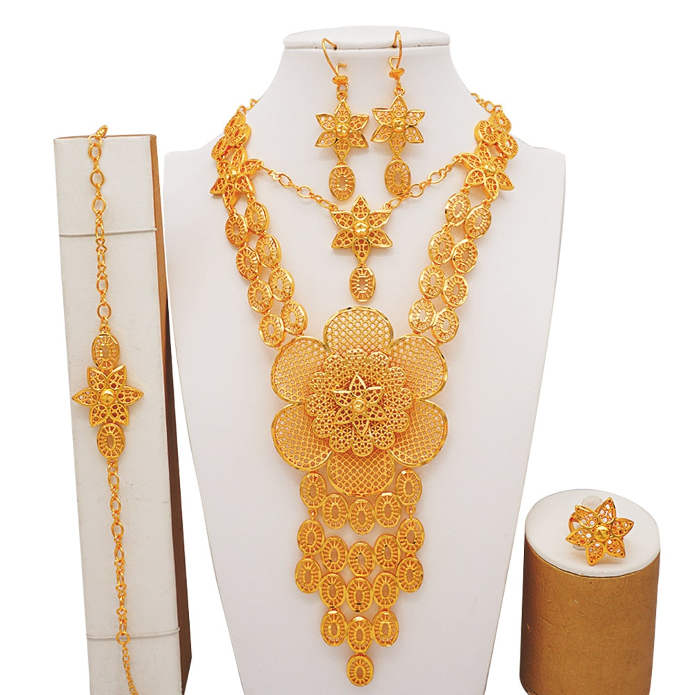 Luxury Dubai Gold Color Jewelry Sets African Bridal Wedding Flower Jewelry Sets Necklace Bracelet Earrings Ring Set Lady Gift