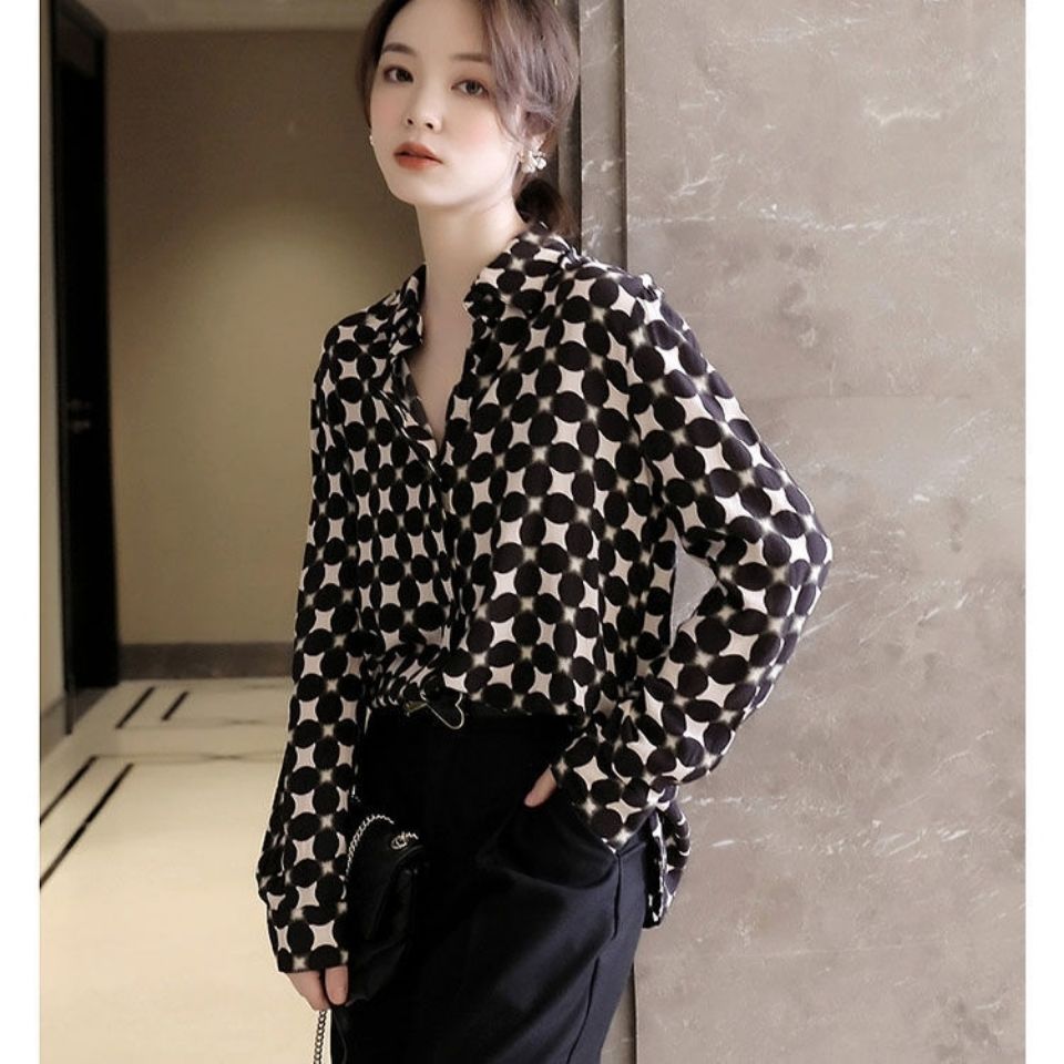 Office Lady Elegant Geometric Print Button Chiffon Shirt Spring Autumn 2022 Polo-Neck Long Sleeve Loose Blouse Women's Clothing