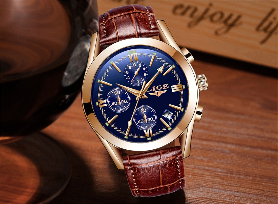 2022 LIGE New Fashion Mens Watches Top Brand Luxury Military Quartz Watch Premium Leather Waterproof Sport Chronograph Watch Men