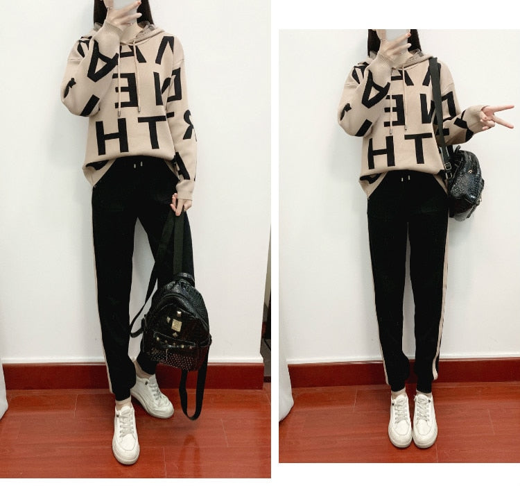 Fashion Autumn Women 2 Pieces Sets Casual Letter Print Patchwork Loose Knitted Sweater Sports Harlan Pants Suits Spring