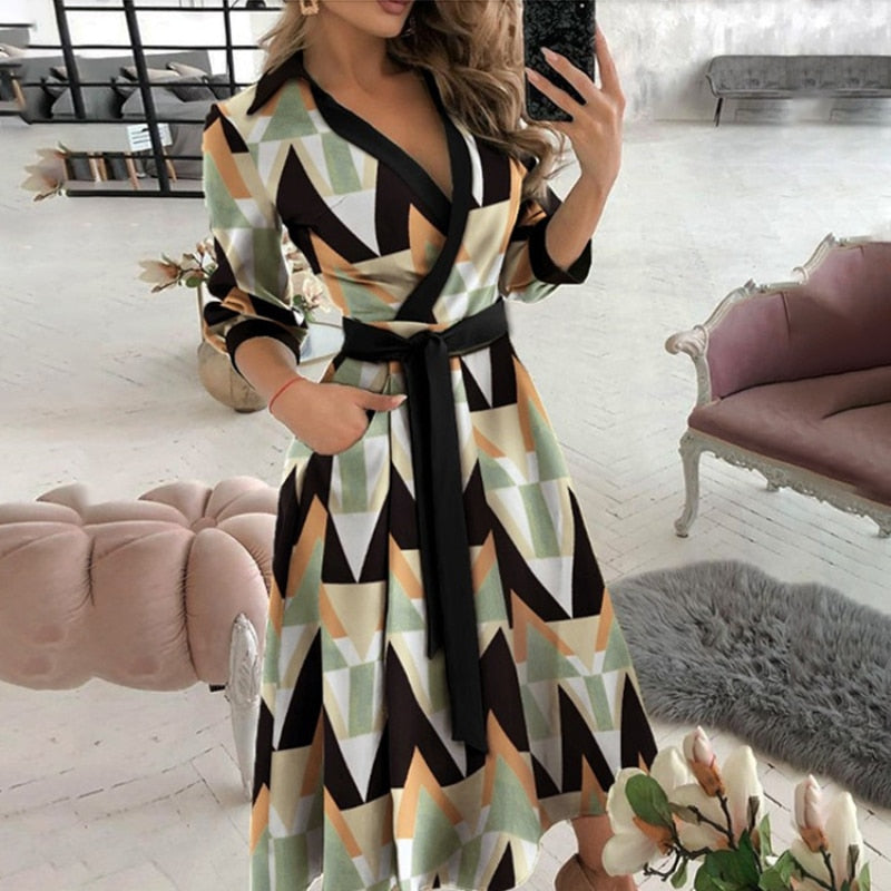 Elegant Floral Print A-line Midi Dress Women Turn-down Collar Belt Pleated Casual Dress Office Ladies Chic Autumn Vestidos 2022