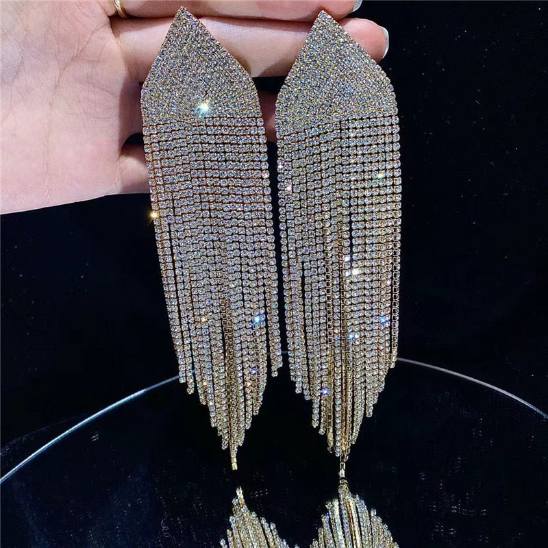 Europe And America New Exaggerated Full Rhinestone Tassel Earrings For Women Party Wedding Statement Jewelry Long Earings Gifts